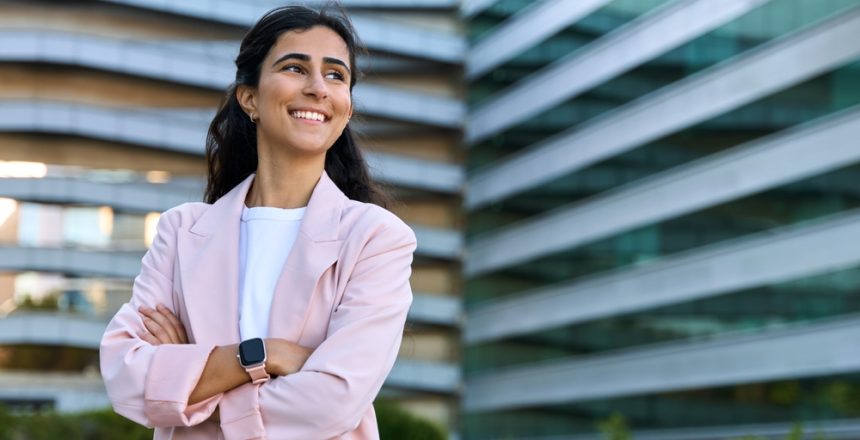 Confident,Portrait,Of,Young,Middle,Eastern,Israel,Businesswoman,Standing,With